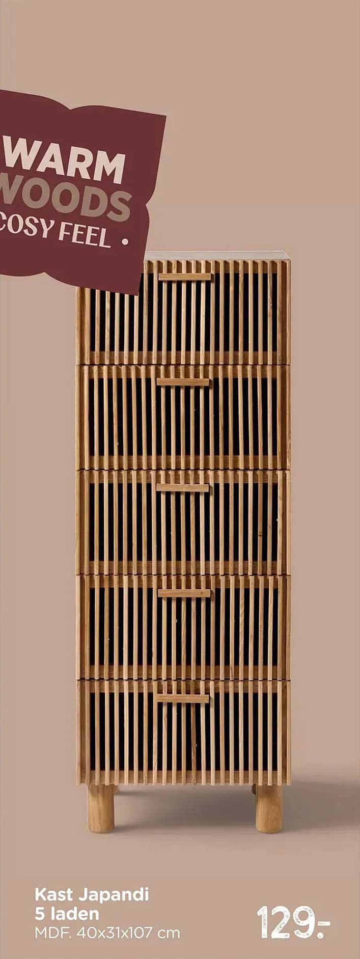 Kast Japandi 5 laden MDF. 40x31x107 cm