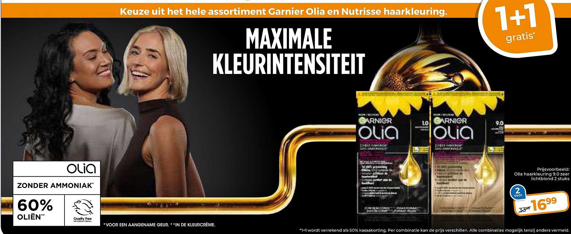 Keuze uit het hele assortiment Garnier Olia en Nutrisse haarkleuring. MAXIMALE KLEURINTENSITEIT 1+1 gratis*
