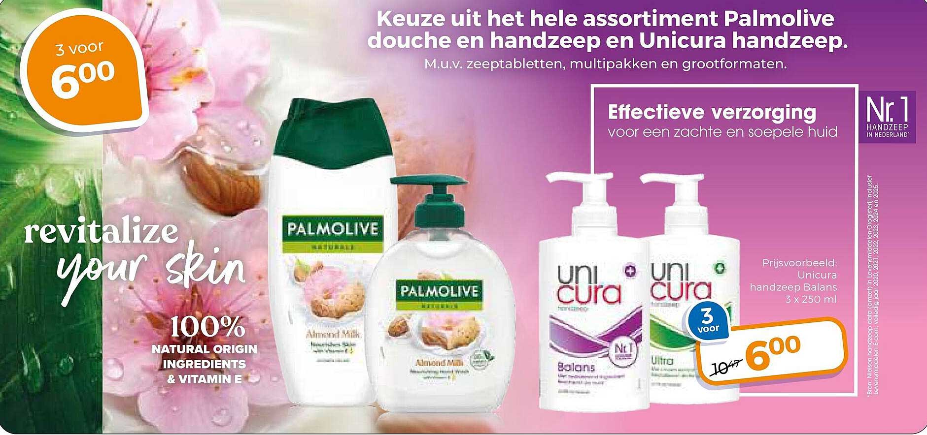 Keuze uit het hele assortiment Palmolive douche en handzeep en Unicura handzeep
