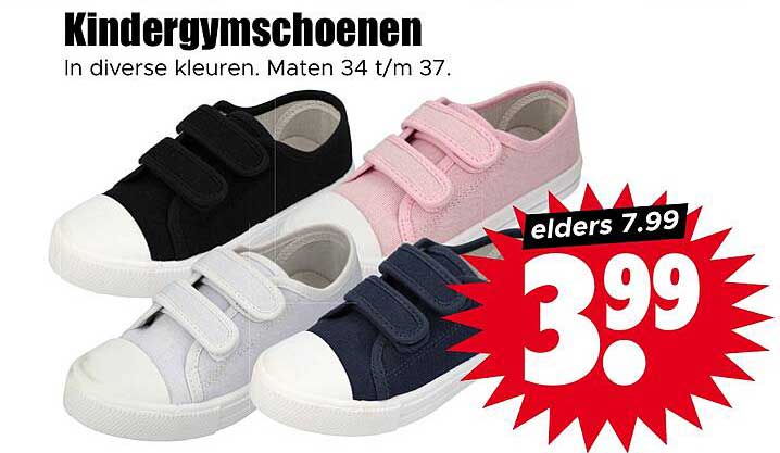 Kindergym­schoenen In diverse kleuren. Maten 34 t/m 37.