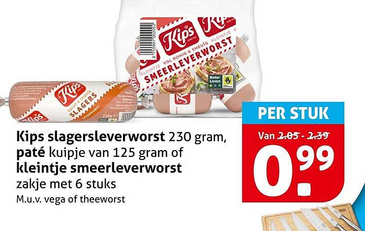 Kips slagersleverworst 230 gram, paté kuipje van 125 gram of kleintje smeerleverworst zakje met 6 stuks