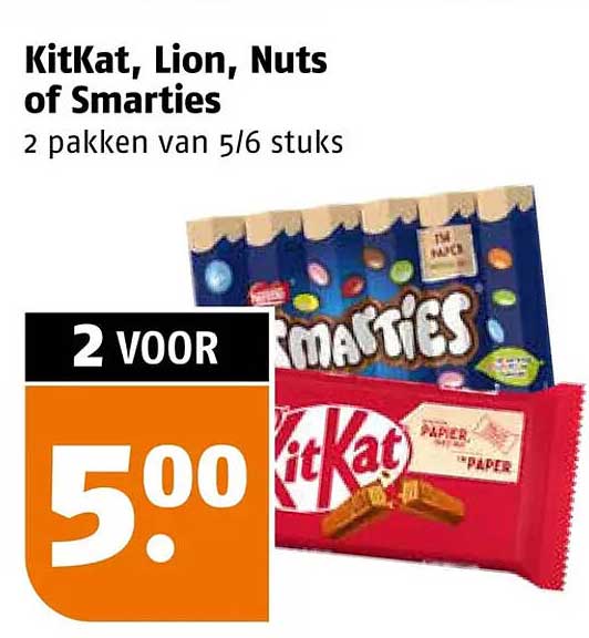 KitKat, Lion, Nuts of Smarties 2 pakken van 5/6 stuks