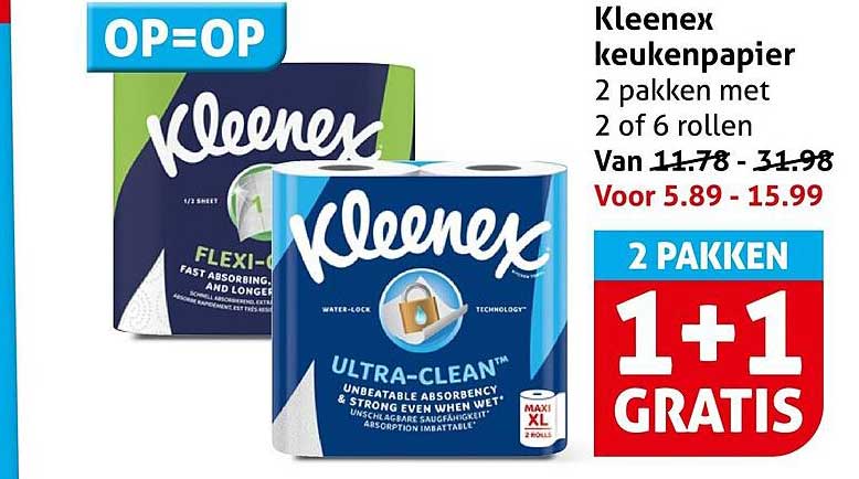 Kleenex keukenpapier 2 pakken met 2 of 6 rollen 1+1 gratis