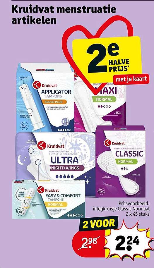 Kruidvat menstruatie artikelen 2e halve prijs met je kaart