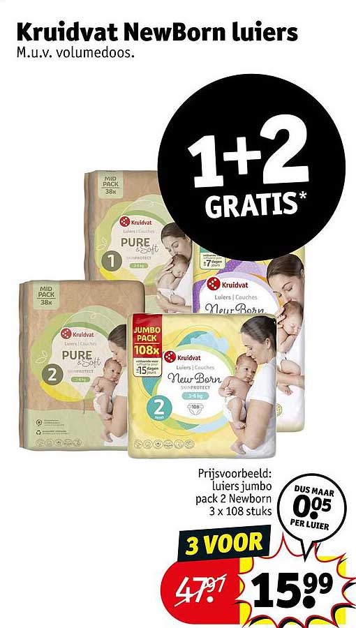 Kruidvat NewBorn Luiers M.u.v. volumedoos. 1+2 GRATIS*