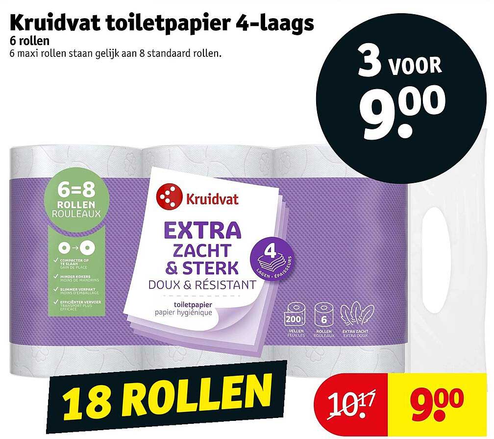 Kruidvat toiletpapier 4-laags 6 rollen 3 voor 9.00
