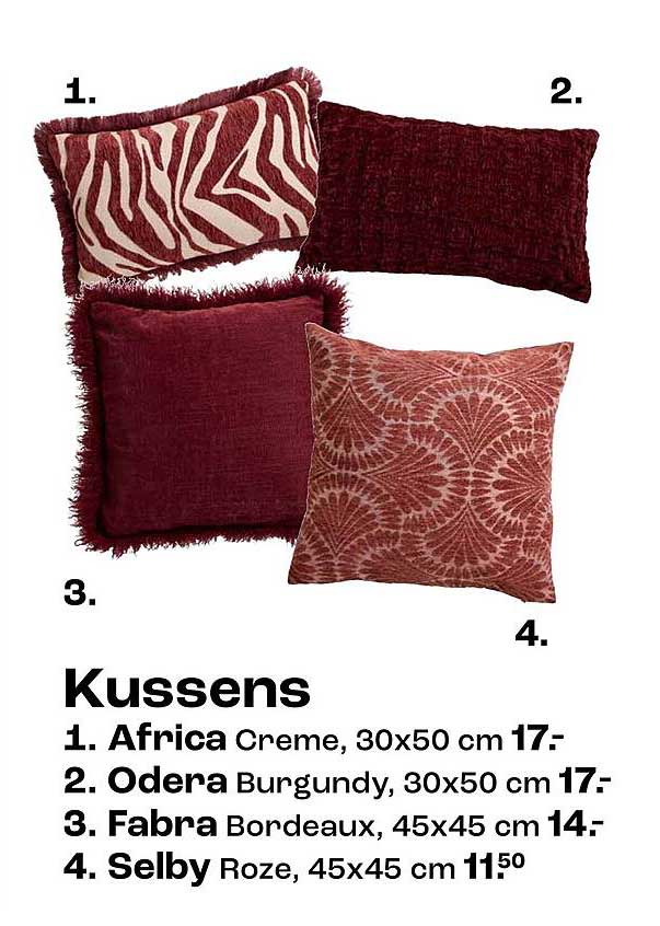 Kussens - 1. Africa Creme, 30x50 cm 17:- 2. Odera Burgundy, 30x50 cm 17:- 3. Fabra Bordeaux, 45x45 cm 14:- 4. Selby Roze, 45x45 cm 11.50