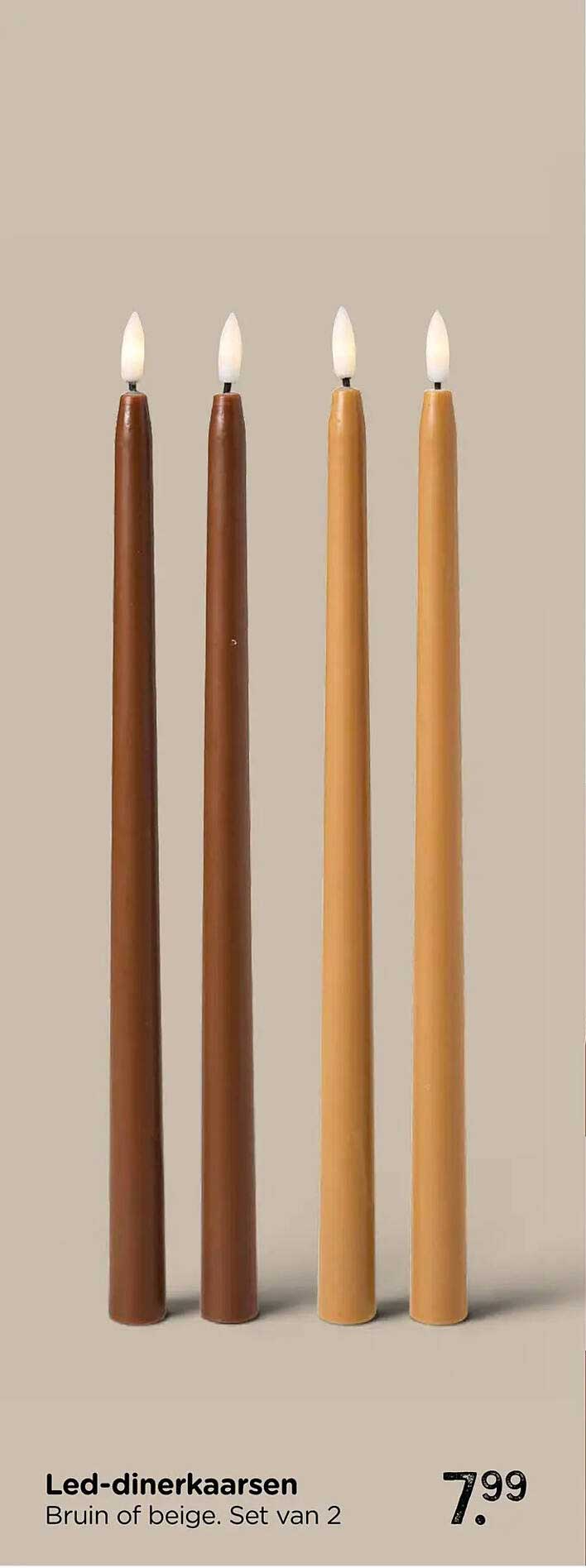 Led-dinerkaarsen Bruin of beige. Set van 2