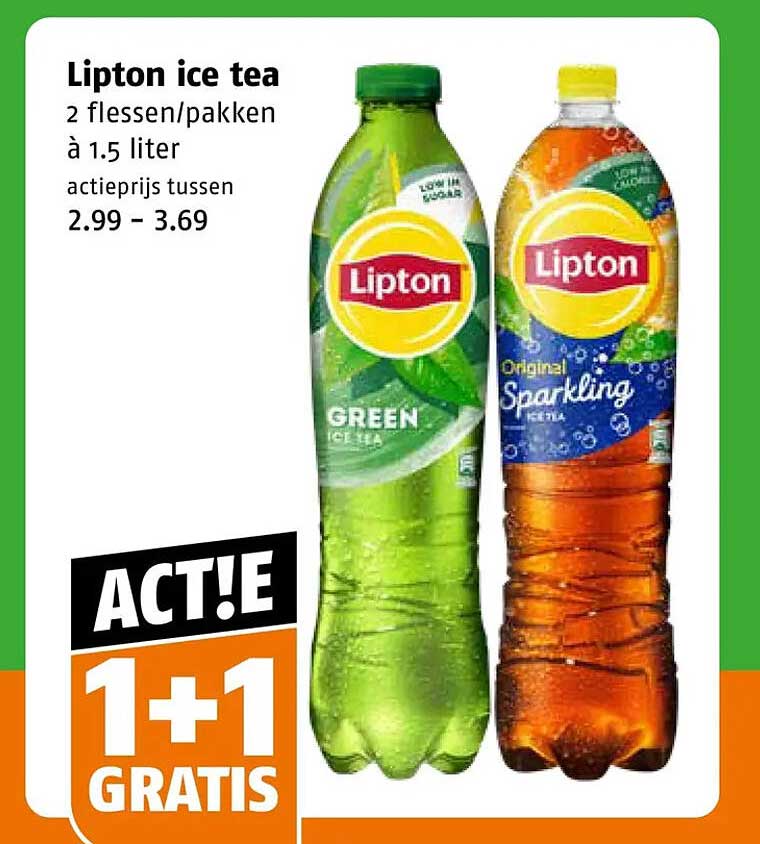 Lipton ice tea 2 flessen/pakken à 1.5 liter actieprijs tussen 2.99 - 3.69 1+1 gratis