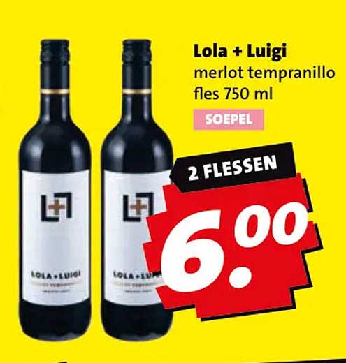 Lola + Luigi merlot tempranillo fles 750 ml SOEPEL 2 FLESSEN
