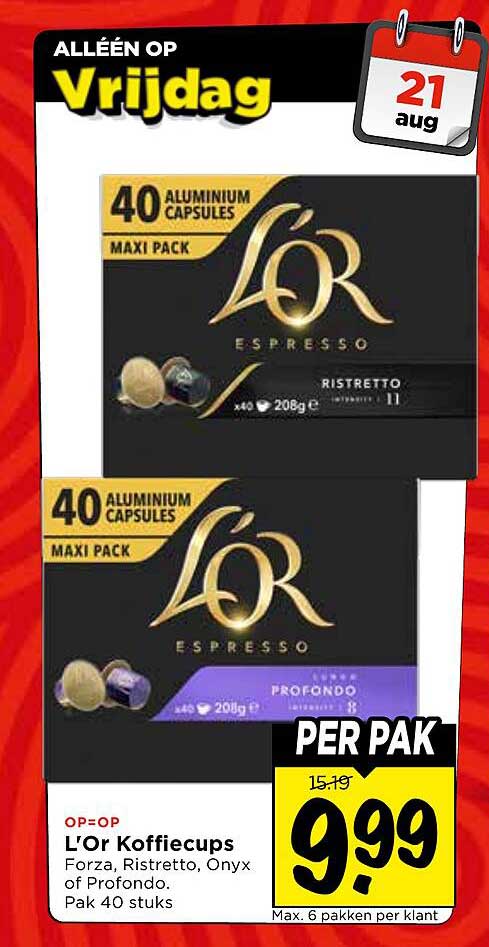 L'OR Koffiecups Forza, Ristretto, Onyx of Profondo. Pak 40 stuks