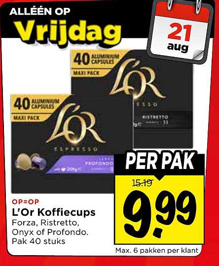 L'Or Koffiecups Forza, Ristretto, Onyx of Profondo. Pak 40 stuks