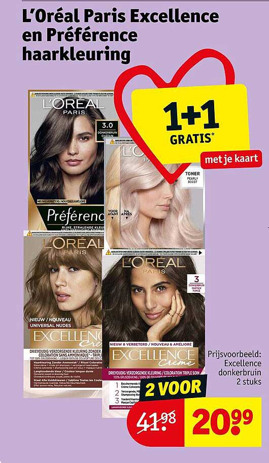 L’Oréal Paris Excellence en Préférence haarkleuring 1+1 gratis met je kaart