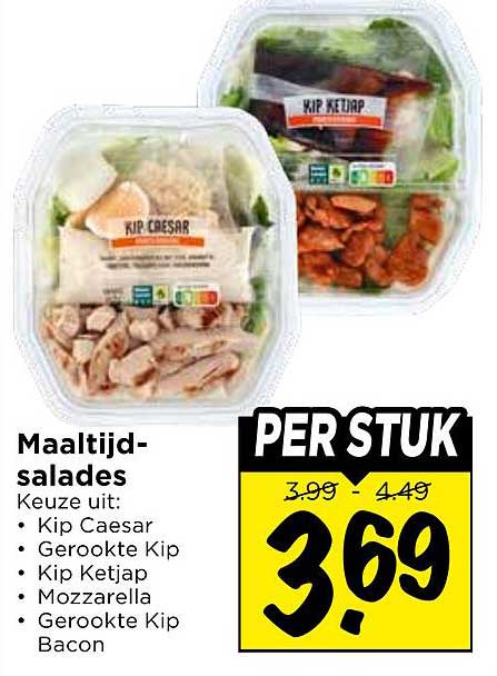 Maaltijd-salades Keuze uit: Kip Caesar, Gerookte Kip, Kip Ketjap, Mozzarella, Gerookte Kip Bacon PER STUK