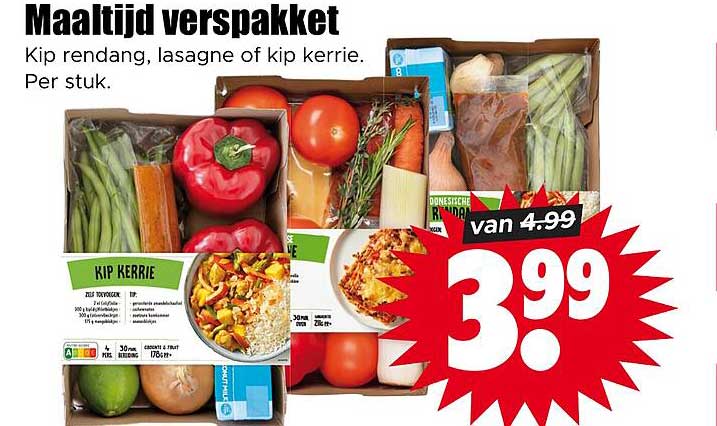 Maaltijd verspakket Kip rendang, lasagne of kip kerrie. Per stuk.