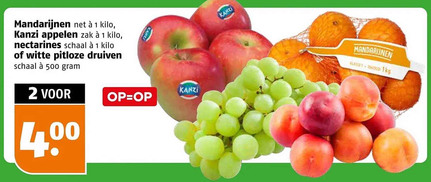Mandarijnen net à 1 kilo, Kanzi appels zak à 1 kilo, nectarines schaal à 1 kilo of witte pitloze druiven schaal à 500 gram OP=OP