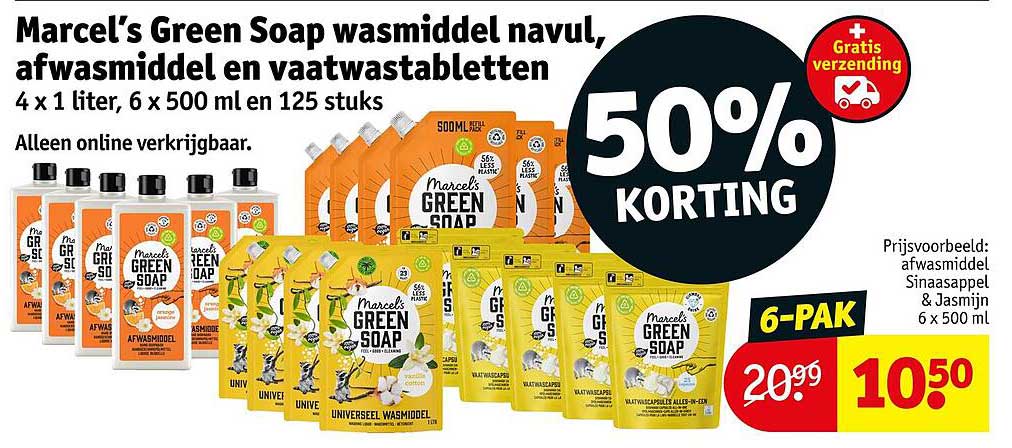 Marcel’s Green Soap wasmiddel navul, afwasmiddel en vaatwastabletten 50% KORTING