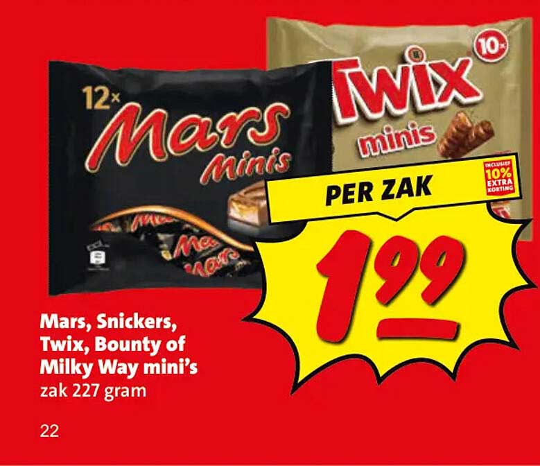 Mars, Snickers, Twix, Bounty of Milky Way mini’s zak 227 gram