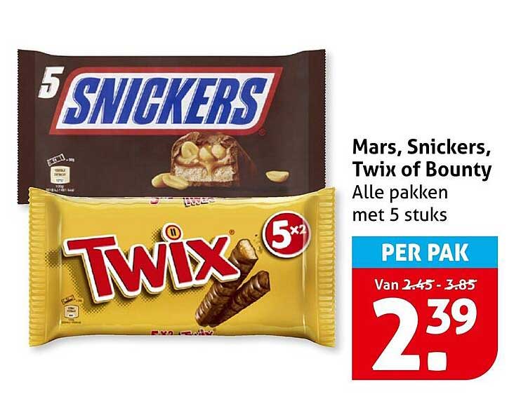 Mars, Snickers, Twix of Bounty Alle pakken met 5 stuks PER PAK