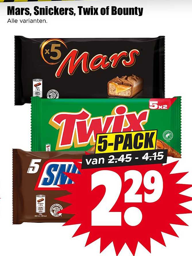 Mars, Snickers, Twix of Bounty Alle varianten. 5-PACK