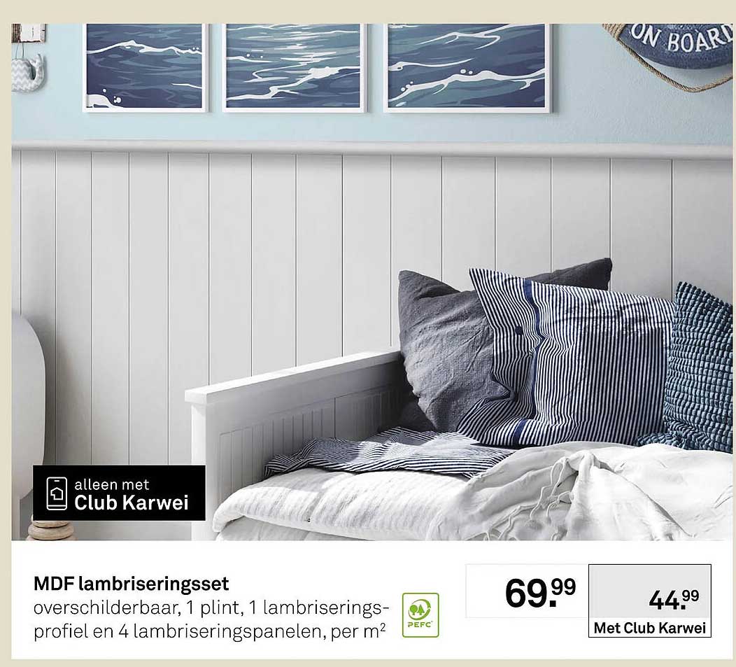 MDF lambriseringseet overschilderbaar, 1 plint, 1 lambrisering-profiel en 4 lambriseringpanelen, per m²