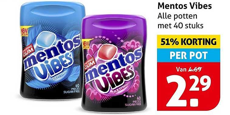 Mentos Vibes Alle potten met 40 stuks 51% KORTING PER POT