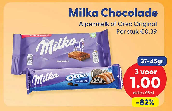 Milka Chocolade Alpenmelk of Oreo Original Per stuk €0.39 37-45gr 3 voor 1.00 -82%