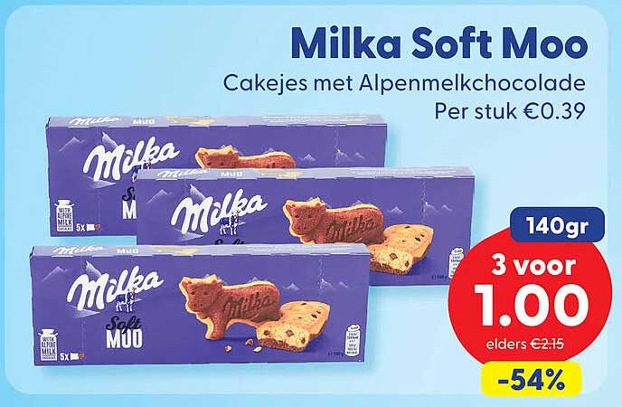 Milka Soft Moo Cakejes met Alpenmelkchocolade 140gr 3 voor 1.00 -54%