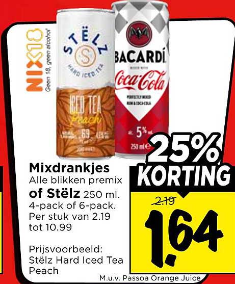Mixdrankjes Alle blikken premix of Stëlz 250 ml. 4-pack of 6-pack. Per stuk van 2.19 tot 10.99 25% KORTING