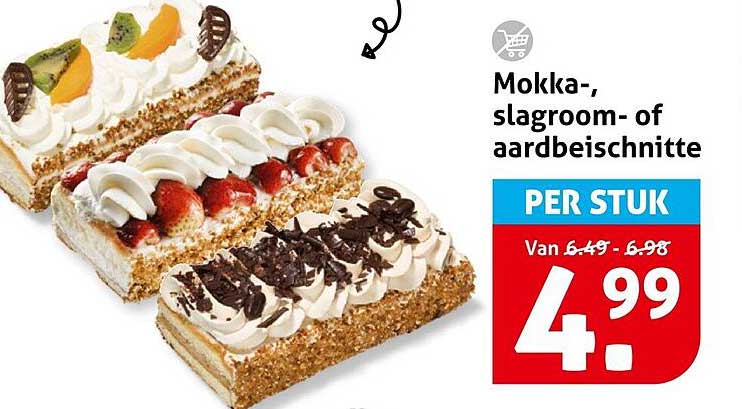 Mokka-, slagroom- of aardbeiscnitte per stuk