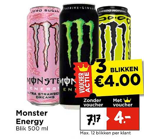 Monster Energy Blik 500 ml 3 blikken €4,00