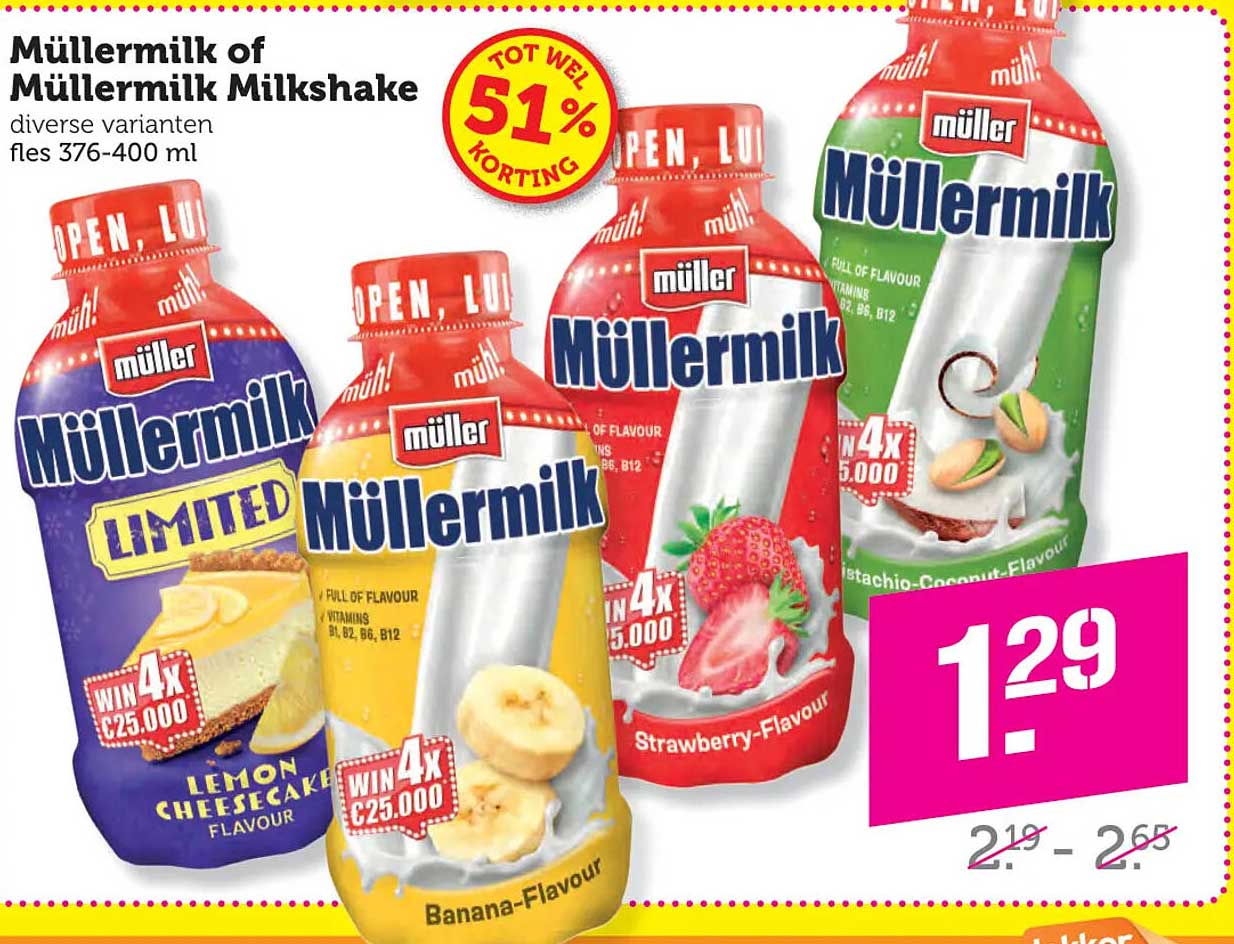 Müllermilk of Müllermilk Milkshake diverse varianten fles 376-400 ml