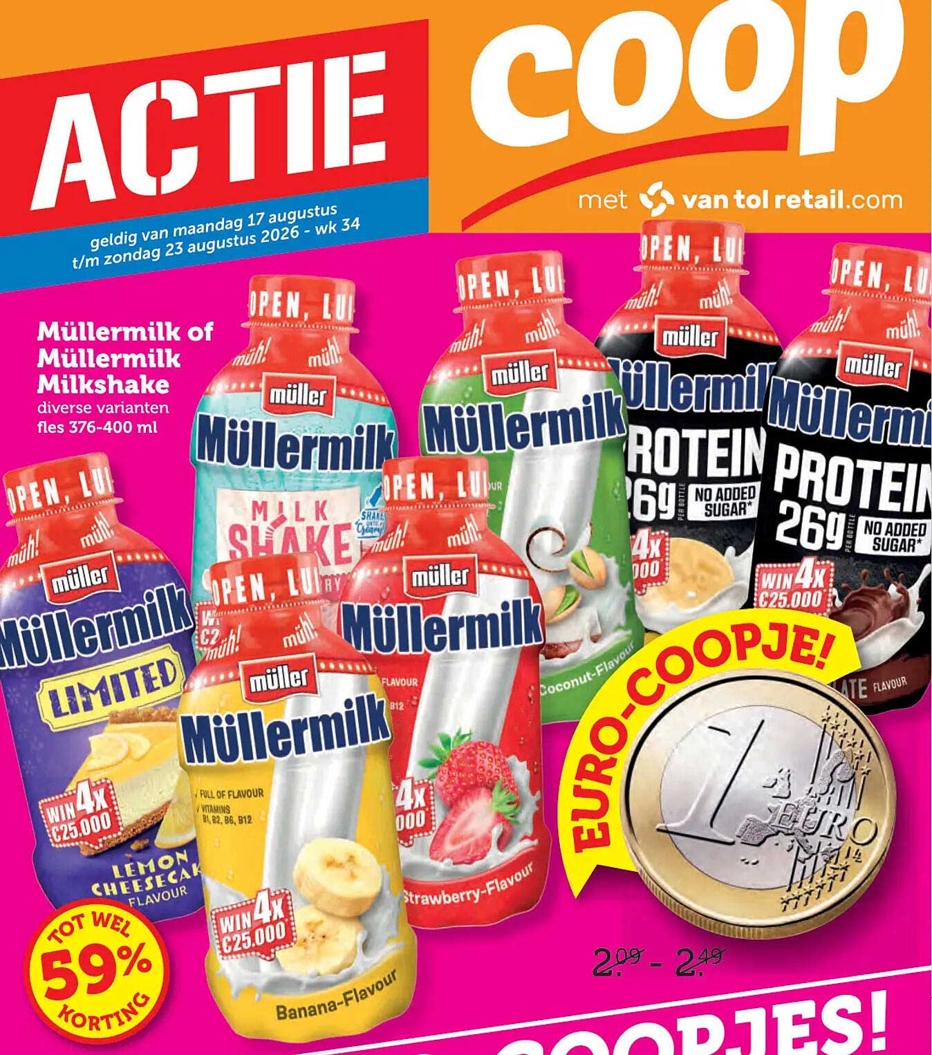 Müllermilk of Müllermilk Milkshake diverse varianten fles 376-400 ml