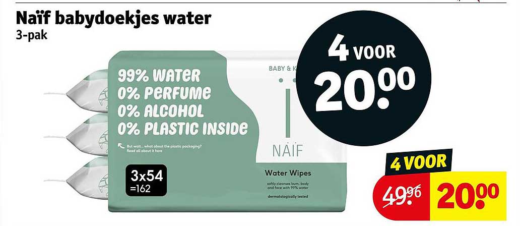 Naïf babydoekjes water 3-pak 4 voor 20.00