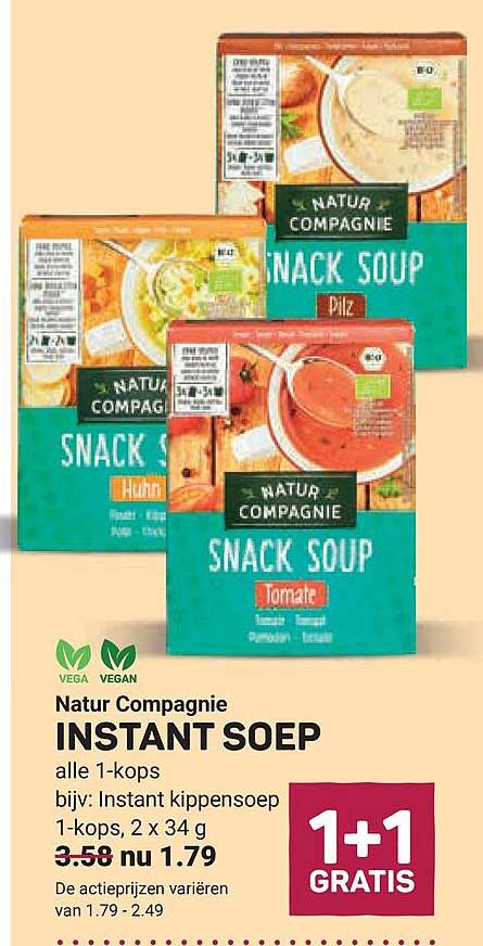 Natur Compagnie INSTANT SOEP alle 1-kops bijv: Instant kippensoep 1-kops, 2 x 34 g 1+1 GRATIS