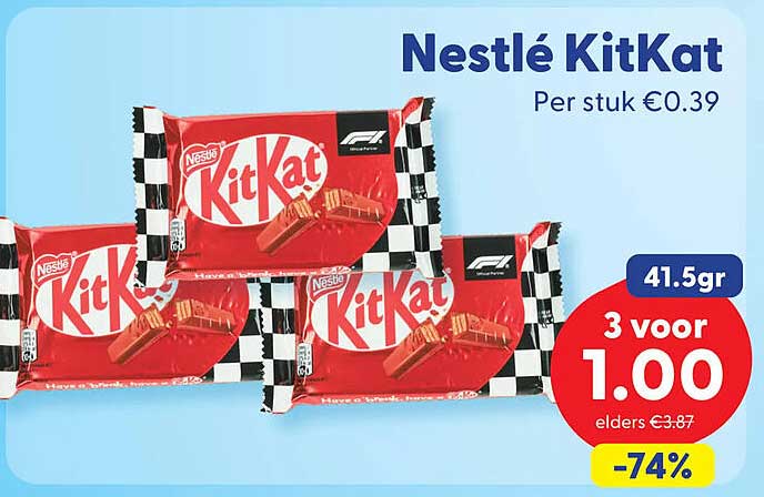 Nestlé KitKat 41.5gr 3 voor 1.00 -74%