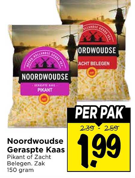 Noordwoudse Geraspte Kaas Pikant of Zacht Belegen Zak 150 gram PER PAK