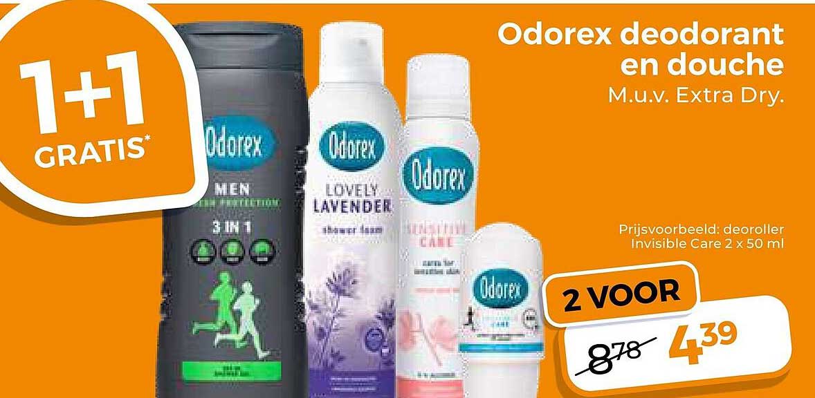 Odorex deodorant en douche M.u.v. Extra Dry. 1+1 gratis