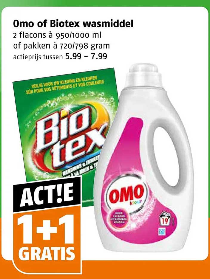 Omo of Biotex wasmiddel 1+1 gratis
