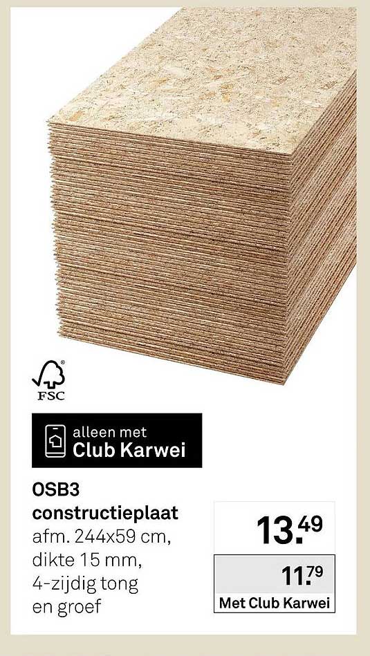 OSB3 constructieplaat afm. 244x59 cm, dikte 15 mm, 4-zijdig tong en groef