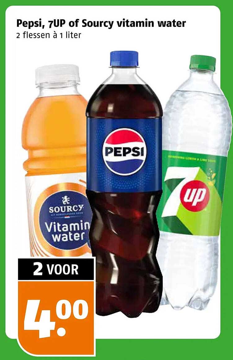 Pepsi, 7UP of Sourcy vitamin water 2 flessen à 1 liter