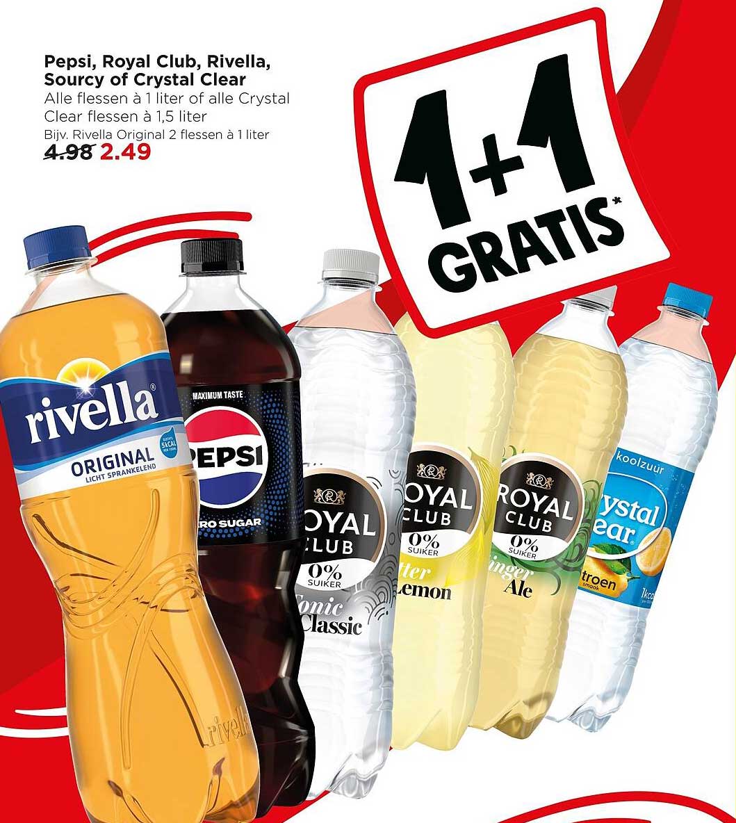 Pepsi, Royal Club, Rivella, Sourcy of Crystal Clear 1+1 GRATIS*