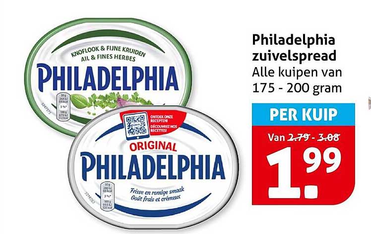 Philadelphia zuivelspread Alle kuipen van 175 - 200 gram PER KUIP