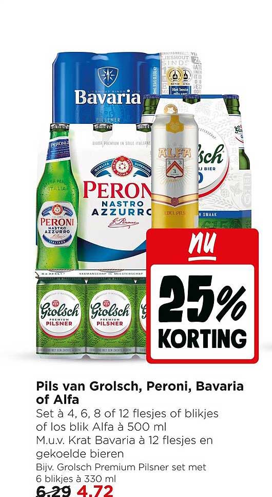 Pils van Grolsch, Peroni, Bavaria of Alfa