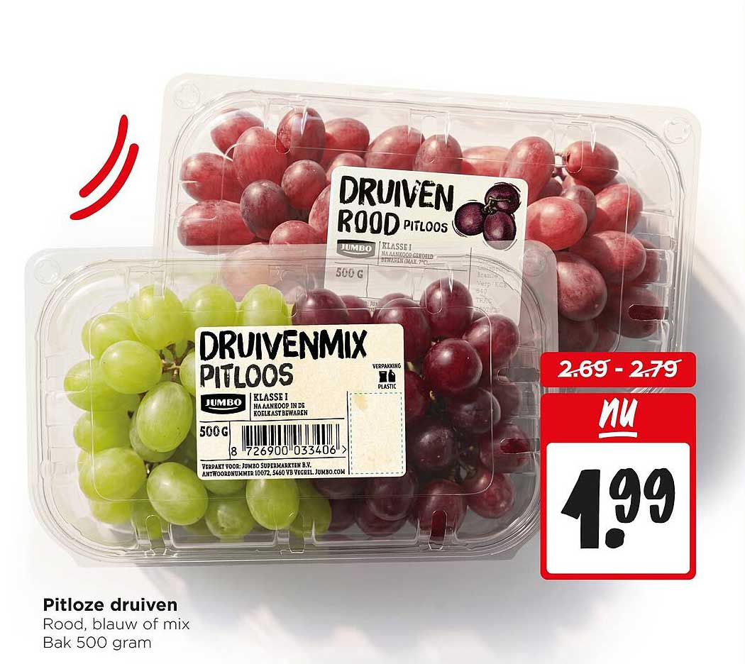 Pitloze druiven Rood, blauw of mix Bak 500 gram