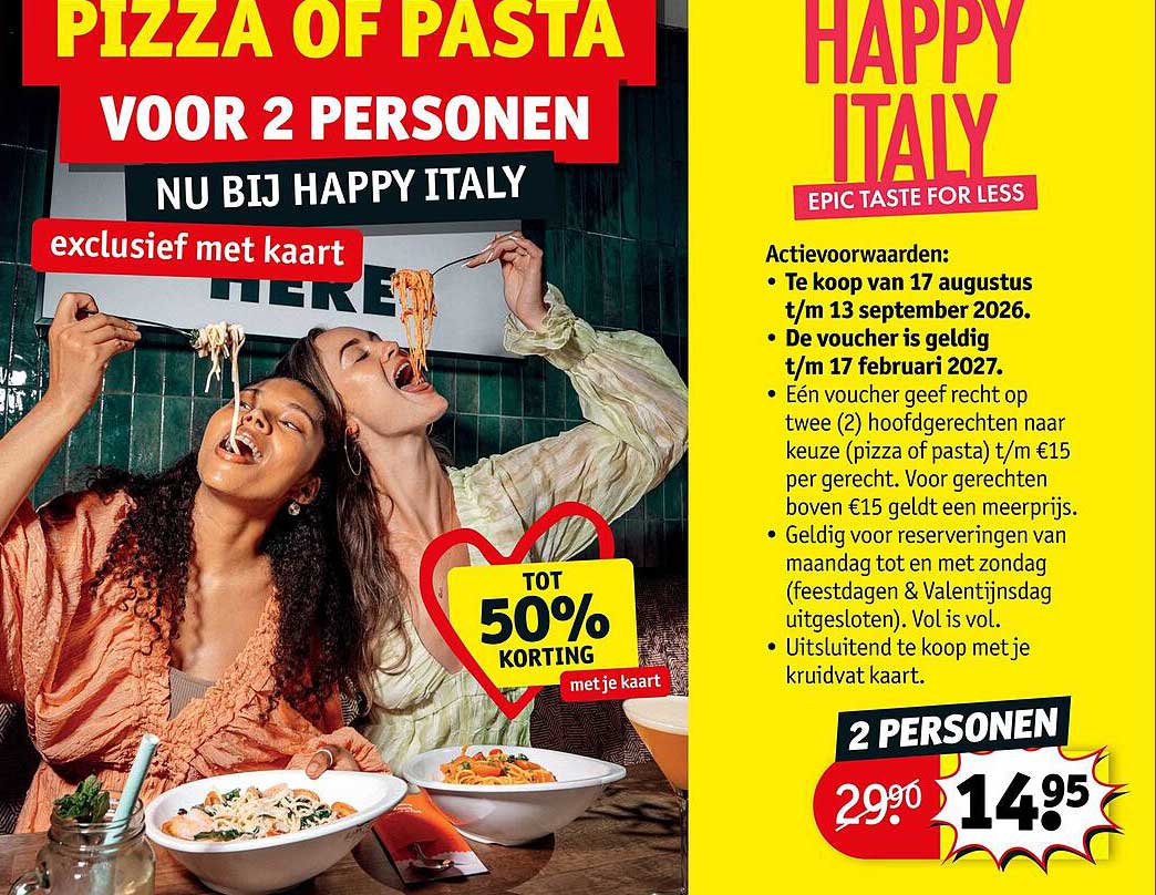 PIZZA OF PASTA VOOR 2 PERSONEN NU BIJ HAPPY ITALY exclusief met kaart TOT 50% KORTING met je kaart