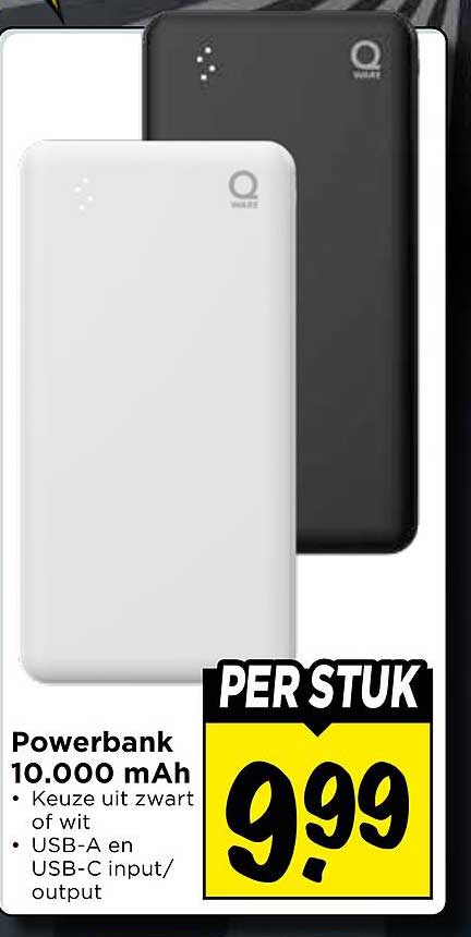 Powerbank 10.000 mAh • Keuze uit zwart of wit • USB-A en USB-C input/output