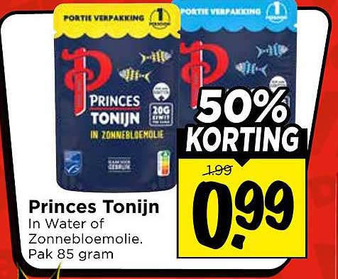 Princes Tonijn In Water of Zonnebloemolie. Pak 85 gram 50% KORTING