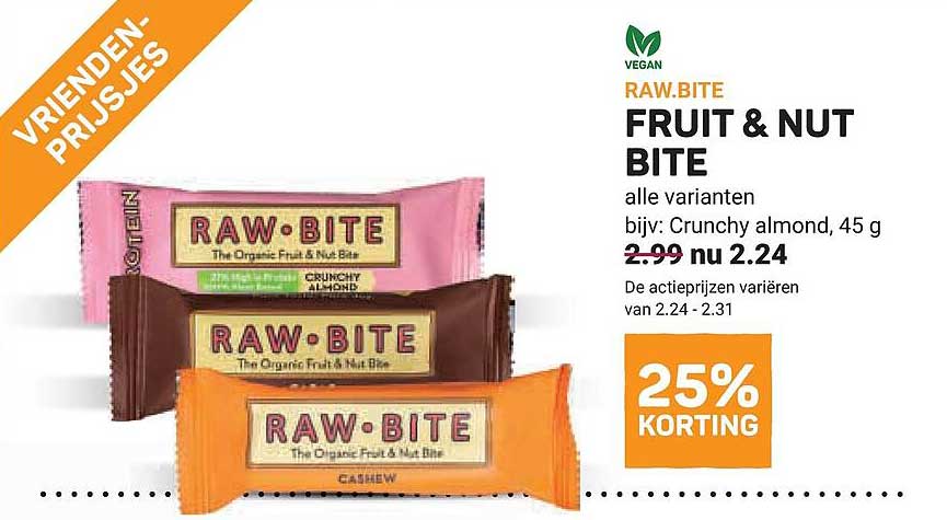 RAW.BITE FRUIT & NUT BITE alle varianten bijv: Crunchy almond, 45 g 25% KORTING