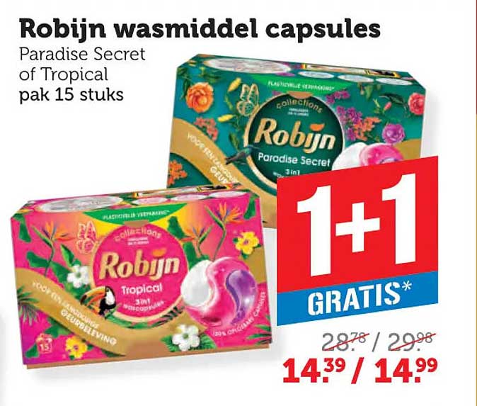 Robijn wasmiddel capsules Paradise Secret of Tropical pak 15 stuks 1+1 gratis